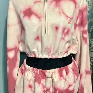 Pink and White Bleach Tie Dyed Distressed Crop Top and Matching Skirt Size Large